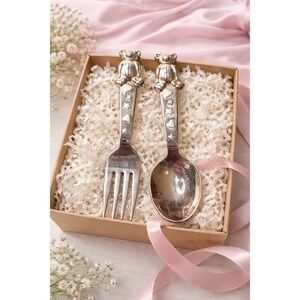 Lenox Smithsonian Silverplate Baby Fork Spoon Set Teddy Bear Hearts Stars